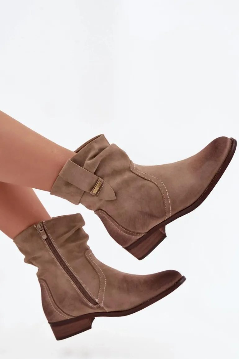 Botki Damskie Na Niskim Obcasie Z Marszczeniem Ocieplane Khaki Gracia