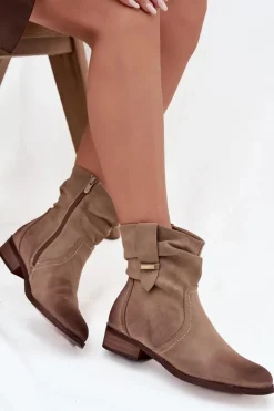 Botki Damskie Na Niskim Obcasie Z Marszczeniem Ocieplane Khaki Gracia