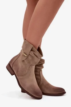 Botki Damskie Na Niskim Obcasie Z Marszczeniem Ocieplane Khaki Gracia