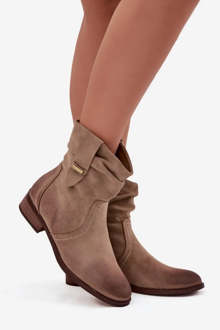 Botki Damskie Na Niskim Obcasie Z Marszczeniem Ocieplane Khaki Gracia