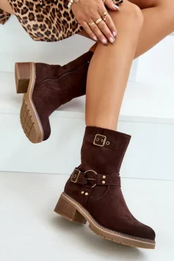 Botki Damskie Na Niskim Obcasie Z Klamrami Brązowe Zudra
