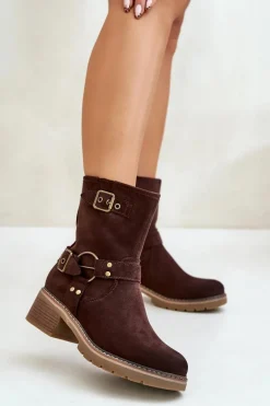 Botki Damskie Na Niskim Obcasie Z Klamrami Brązowe Zudra
