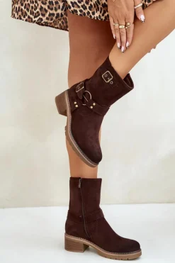 Botki Damskie Na Niskim Obcasie Z Klamrami Brązowe Zudra