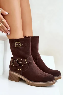 Botki Damskie Na Niskim Obcasie Z Klamrami Brązowe Zudra