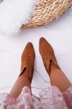 Botki Damskie Na Obcasie Skóra Zamsz Koniak Nicole 2433