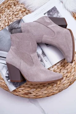 Botki Damskie Na Obcasie Skóra Zamsz Jasne Cappuccino Nicole 2433