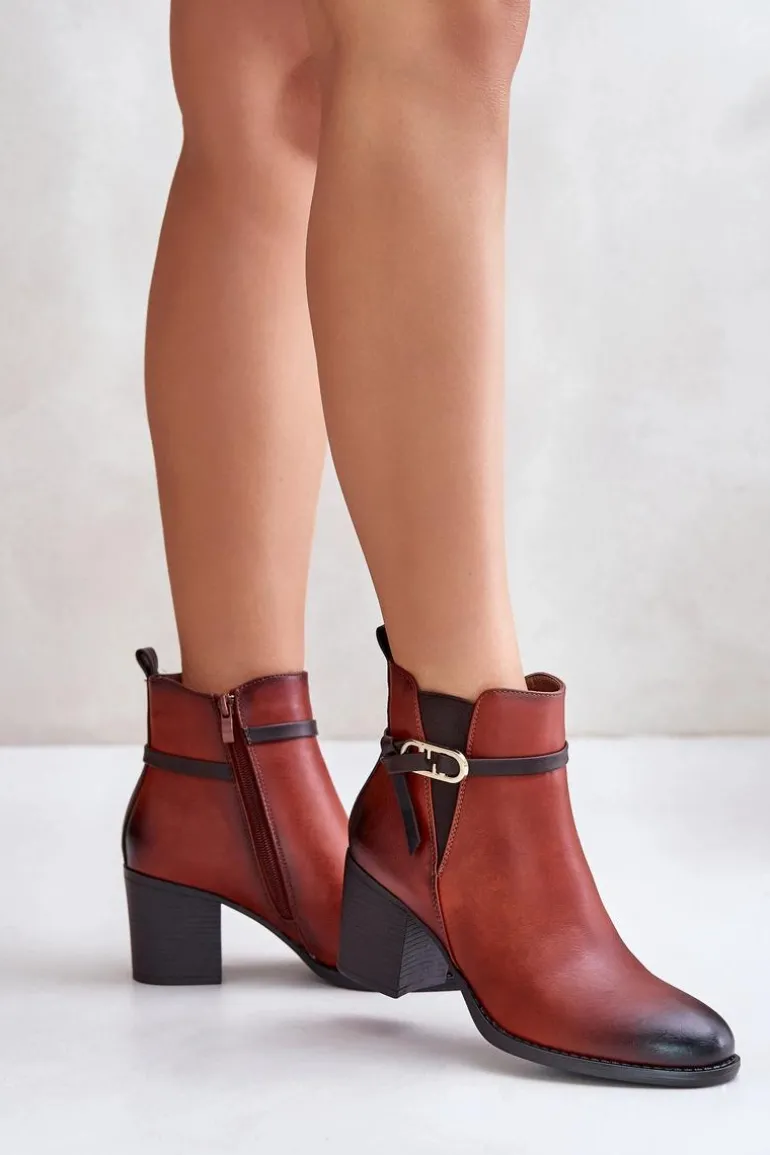 Botki Damskie Na Obcasie Słupku Ocieplane Z Paskiem Brązowe Zinithia