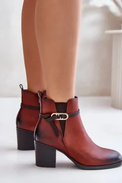 Botki Damskie Na Obcasie Słupku Ocieplane Z Paskiem Brązowe Zinithia