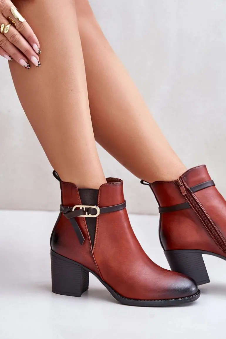 Botki Damskie Na Obcasie Słupku Ocieplane Z Paskiem Brązowe Zinithia