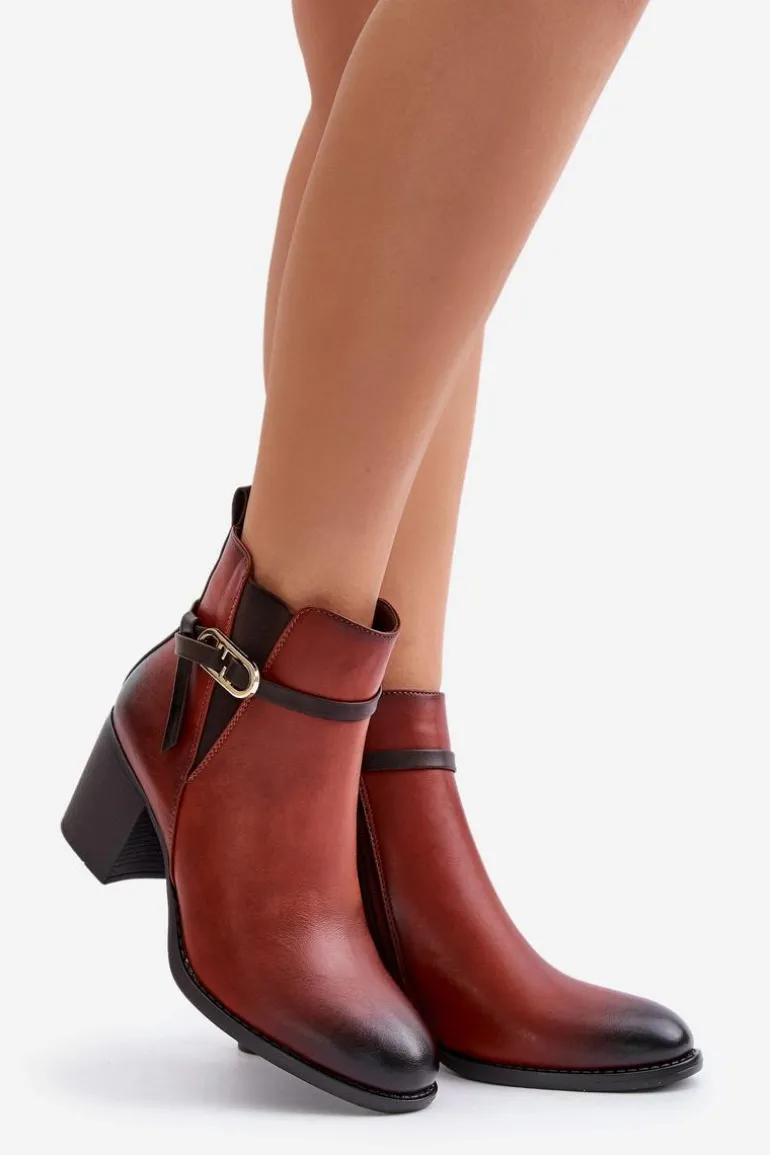 Botki Damskie Na Obcasie Słupku Ocieplane Z Paskiem Brązowe Zinithia