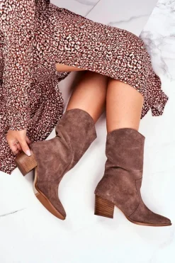 Botki Damskie Na Obcasie Skóra Nubuk Cappuccino Nicole 2580