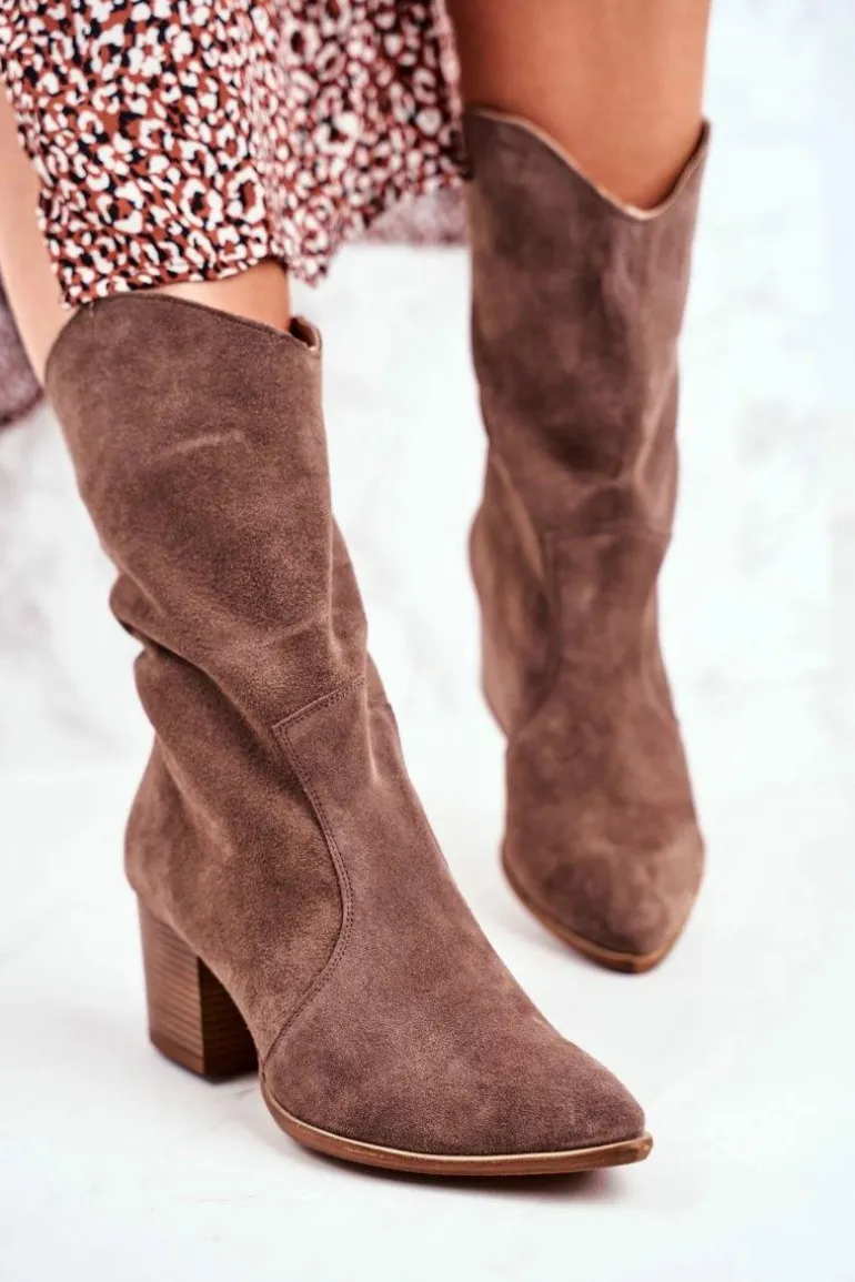 Botki Damskie Na Obcasie Skóra Nubuk Cappuccino Nicole 2580