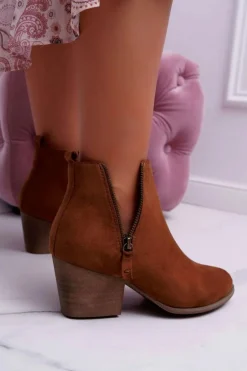 Botki Damskie Na Obcasie Suwak Zamszowe Camel Farre