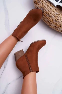 Botki Damskie Na Obcasie Suwak Zamszowe Camel Farre