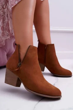 Botki Damskie Na Obcasie Suwak Zamszowe Camel Farre