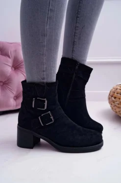 Botki Damskie Na Obcasie Zamszowe Czarne Fagret