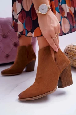 Botki Damskie Na Obcasie Wiosenne Skóra Zamsz Brązowe Nicole 2430