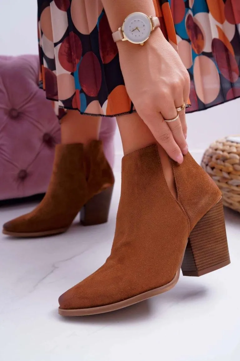 Botki Damskie Na Obcasie Wiosenne Skóra Zamsz Brązowe Nicole 2430
