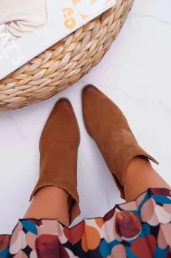 Botki Damskie Na Obcasie Wiosenne Skóra Zamsz Brązowe Nicole 2430