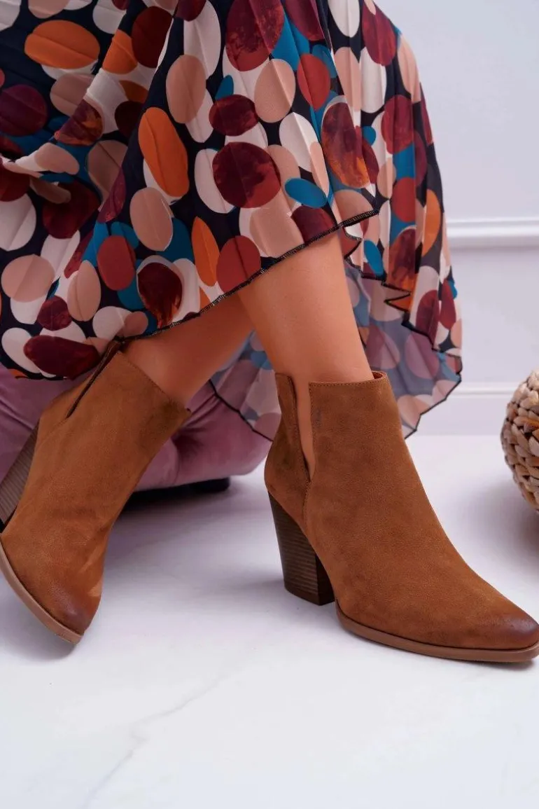 Botki Damskie Na Obcasie Wiosenne Skóra Zamsz Brązowe Nicole 2430