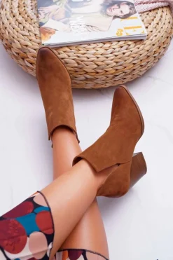 Botki Damskie Na Obcasie Wiosenne Skóra Zamsz Brązowe Nicole 2430