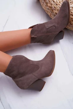 Botki Damskie Na Obcasie Skóra Zamsz Cappuccino Nicole 2433