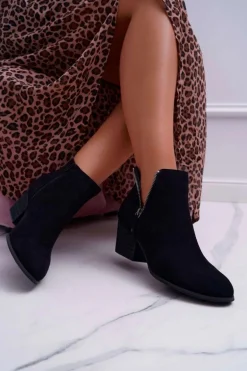 Botki Damskie Na Obcasie Suwak Zamszowe Czarne Farre
