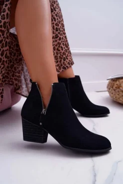 Botki Damskie Na Obcasie Suwak Zamszowe Czarne Farre