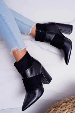 Botki Damskie Na Obcasie Z Nitami W Szpic RB21P Czarne Yango