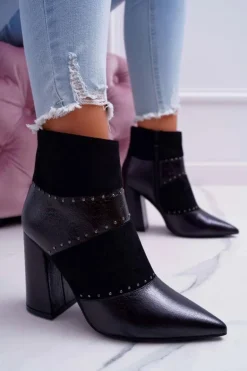 Botki Damskie Na Obcasie Z Nitami W Szpic RB21P Czarne Yango
