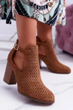 Botki Damskie Na Obcasie Wiosenne Ażurowe Camel GoodDay