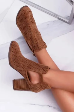 Botki Damskie Na Obcasie Wiosenne Ażurowe Camel GoodDay