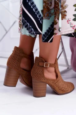 Botki Damskie Na Obcasie Wiosenne Ażurowe Camel GoodDay
