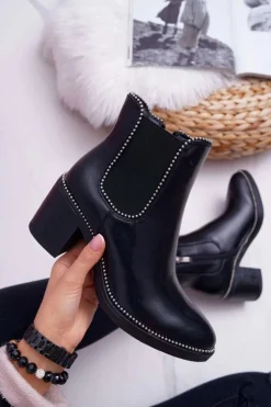 Botki Damskie Na Obcasie Z Dżetami Czarne Rhythmic