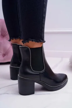 Botki Damskie Na Obcasie Z Dżetami Czarne Rhythmic