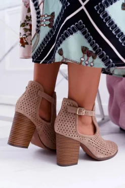 Botki Damskie Na Obcasie Wiosenne Ażurowe Beżowe GoodDay