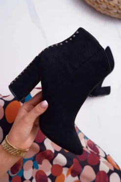 Botki Damskie Na Obcasie Z Nitami W Szpic RB23P Czarne Snack