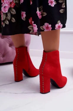 Botki Damskie Na Obcasie Z Nitami W Szpic Czerwone Snack