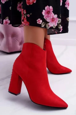 Botki Damskie Na Obcasie Z Nitami W Szpic Czerwone Snack