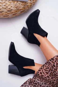 Botki Damskie Na Obcasie Wiosenne Skóra Zamsz Czarne Nicole 2430