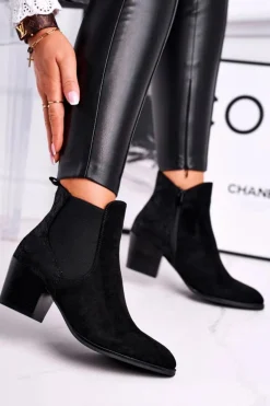 Botki Damskie Na Obcasie Sergio Leone Zamszowe Czarne BT613