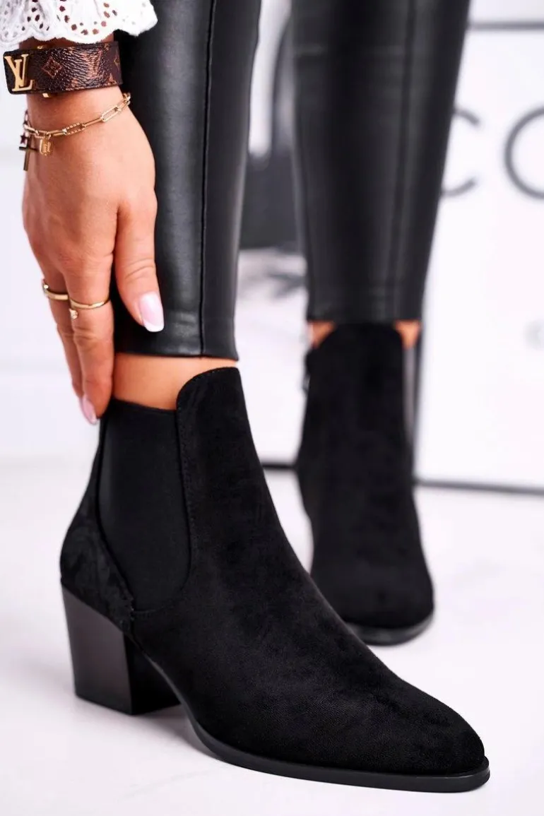 Botki Damskie Na Obcasie Sergio Leone Zamszowe Czarne BT613