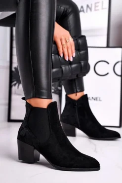 Botki Damskie Na Obcasie Sergio Leone Zamszowe Czarne BT613