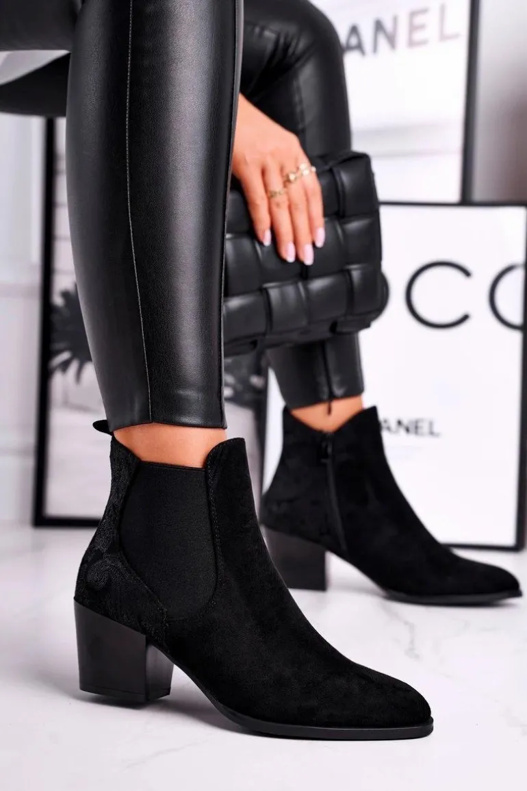 Botki Damskie Na Obcasie Sergio Leone Zamszowe Czarne BT613