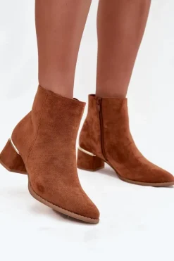 Botki Damskie Na Obcasie Ze Złotym Elementem Ocieplane Camel Nolessa