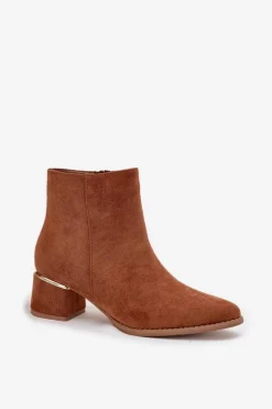 Botki Damskie Na Obcasie Ze Złotym Elementem Ocieplane Camel Nolessa