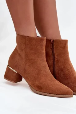 Botki Damskie Na Obcasie Ze Złotym Elementem Ocieplane Camel Nolessa