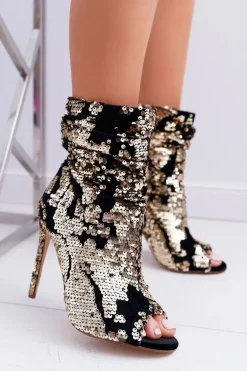 Botki Damskie Na Obcasie Eleganckie z Cekinami Złote Harley