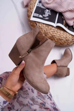 Botki Damskie Na Obcasie Suwak Zamszowe Beżowe Farre