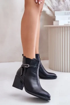 Botki Damskie Na Obcasie Słupku Ocieplane Z Paskiem Czarne Zinithia